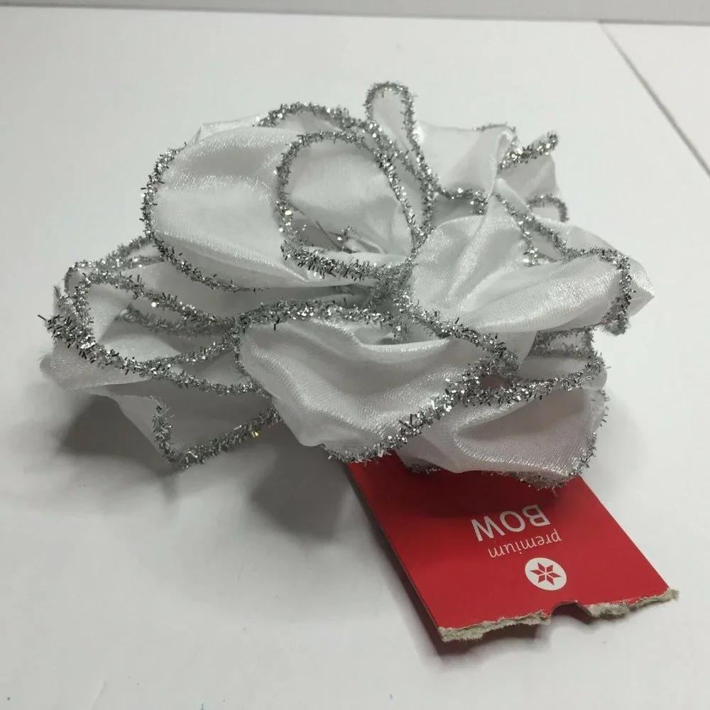 Premium Bow White Silver Tinsel Glitter Shimmer Craft Wreath Decorating Bow